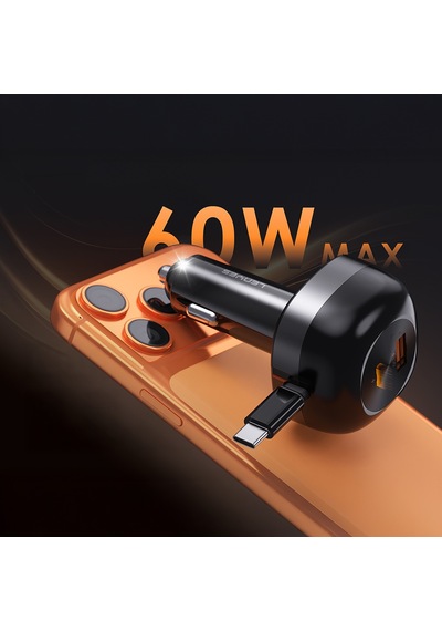 Lenyes Ca59 Pd 60w Type-c Kablolu Hızlı Şarj Özellikli Type-c + Usb-a Portlu Araç Şarj Aleti Siyah