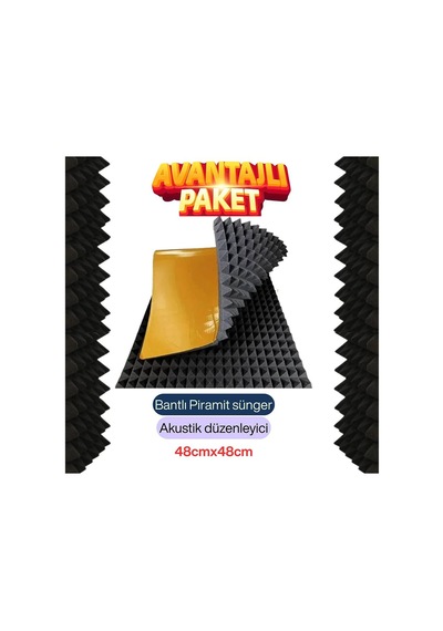 Yanmaz Akustik Ses Yalıtımı Bantlı Piramit Sünger 4cm Ebat 48x48 10adet Bant Marketim