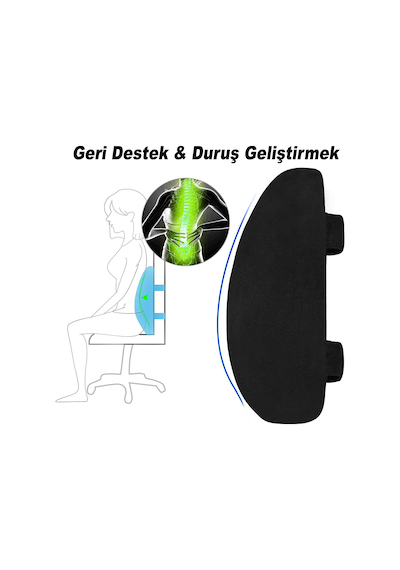 Visco Ortopedik Araç Bel Dayama Minderi 35x33x9 cm, Siyah