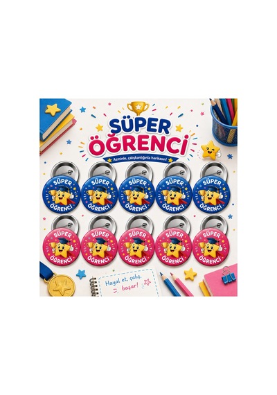 Süper Öğrenci 58 Mm İğneli Rozet 10 Adet - Öğrenci Başarı Ve Motivasyon Rozeti Çok Renkli