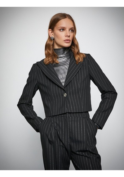 Koton Melis Ağazat X Koton - Simli Crop Blazer Ceket Siyah 3wak50063ew 3WAK50063EW999 Siyah
