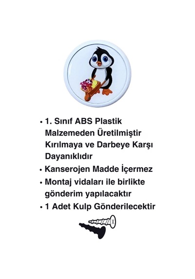 Penguen Çocuk Odası Mobilya Kulbu - 55 MM - Abs Plastik Tekli Düğme Dolap ve Çekmece Kulpu Çok Renkli