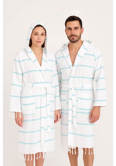 Kapşonlu Unisex Beyaz Çizgili Banyo Deniz Plaj Peştemal Bornozu %100 Pamuklu Mavi
