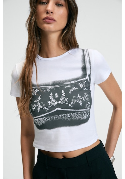 Ethıquet SERAYA Kadın Bisiklet Yaka Kısa Kollu Önü Baskılı Crop Beyaz T-Shirt