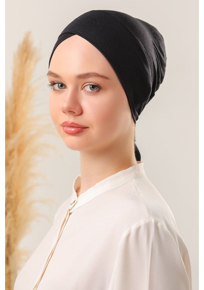 Melodi Scarf Bağlamalı Dikişsiz Çapraz Bone Siyah Siyah