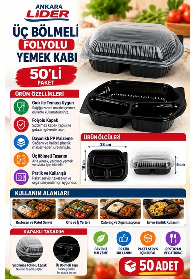 Ankara Lider Üç Bölmeli Folyolu Yemek Kabı 50'li
