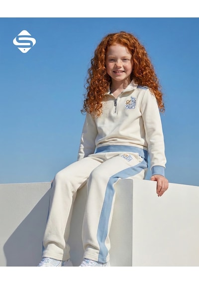 Mila Mood Çocuk Ekru Mavi Nakış Detaylı Fermuarlı Sweatshirt Bol Paça Pantolon 2 Li Takım