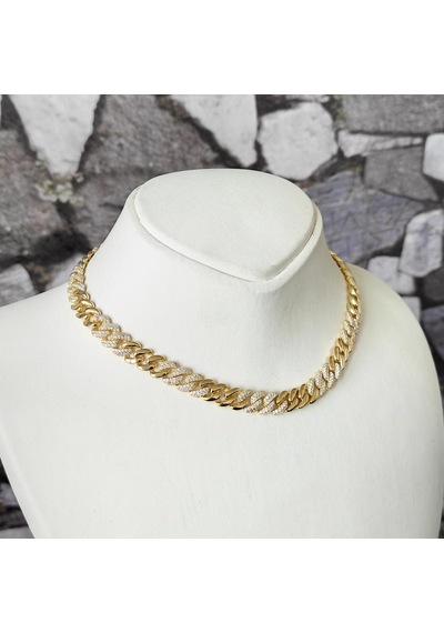 Kalın Gurmet Zincir Yarısı Taşlı Yarısı Taşsız Gümüş Choker Kolye Rose Gold