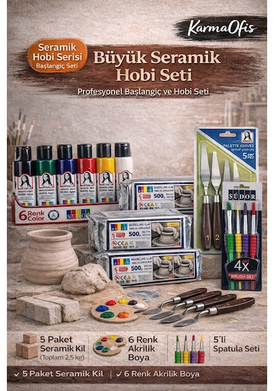 Seramik Hobi Başlangıç Seti 5x500gr Kil + 6 Renk Akrilik Boya + Spatula + 4'lü Fırça Seramik Hobi Başlangıç Seti 5x500gr Kil + 6 Renk Akrilik Boya + Spatula + 4'lü Fırça