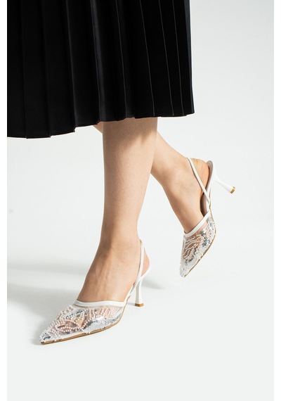 Lebibe Shoes Perıe Beyaz Kadın 7 Cm Topuklu Pullu Payetli Bantlı Abiye Gelin Düğün Ayakkabısı Terliği