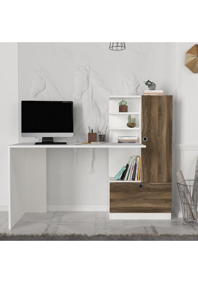 Dekorister Merinos Kitaplıklı Çalışma Masası Beyaz-Ceviz