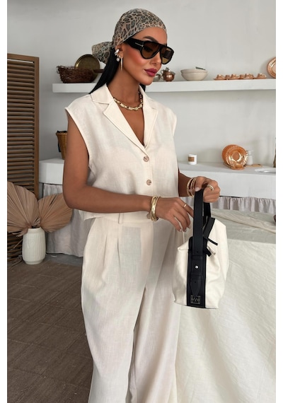 WeShaya Kadın Ekru Kolsuz Polyester Crop Dokuma Takım Ekru