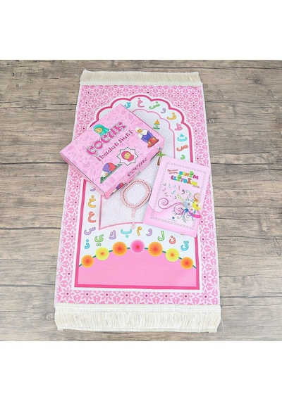 Çocuk Seccadesi Ve Eğitici Kitabı Namaz Seti -seccade Ölçü Pembe 45x82 Cm - Tesbih Çok Renkli
