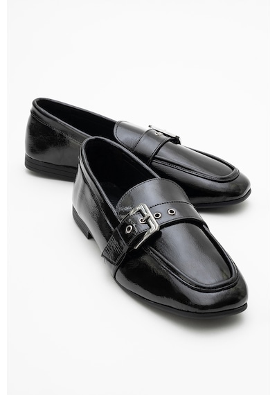 Luvishoes Luvi Shoes Clarıon Siyah Rugan Hakiki Deri Kemerli Küt Burun Kadın Loafer Ayakkabı SİYAH RUGAN