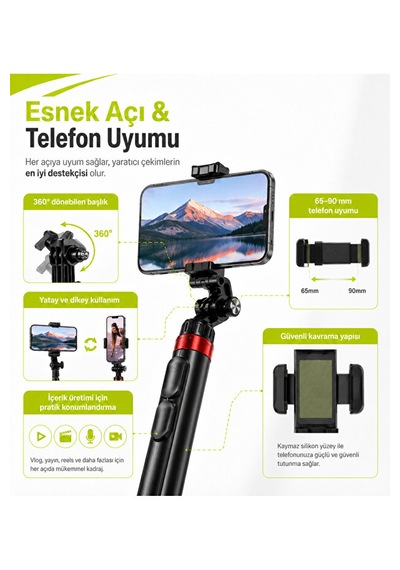 1,8 Metre Bluetooth Selfie Çubuğu Tripod Uzaktan Kumandalı 360 Döner Type-c Şarjlı