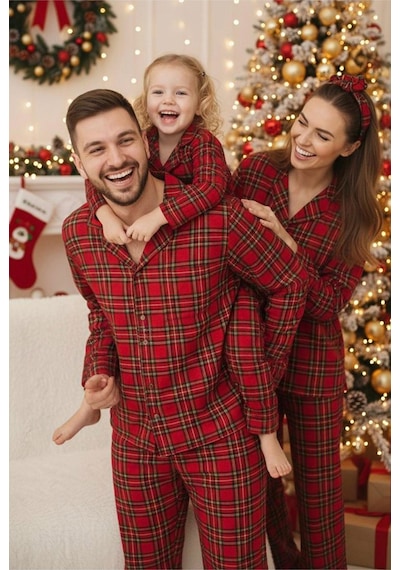 Siyah İnci Erkek Ekoseli %100 Pamuklu Örme Düğmeli Pijama Takım 7985 Kırmızı Ekose