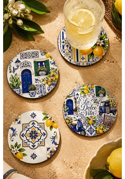 İtalya Konseptli 4 Lü Set La Dolce Vita Kapı Motifli 9 Cm Mdf Uv Baskı Çok Renkli