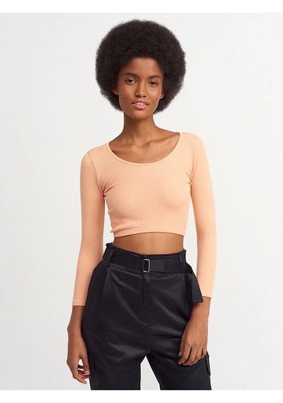 Dilvin 3529 Havuz Yaka Uzun Kollu Crop Top-şeftali-243 Şeftali