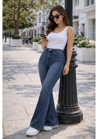 Cedy Denim Cedy Denım Yüksek Kalite Kadın 5 Cep Düşük Bel İspanyol Paça Skinnyfit Esnek Jean Pantolon C619 Mavi