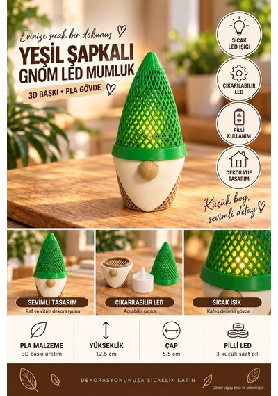 Yeşil Şapkalı Gnom Led Mumluk 3d Baskı Pla Dekor, 12,5 Cm
