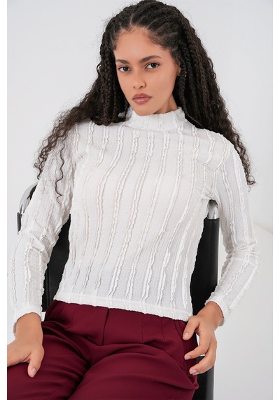 Hiccup Bdart Dokulu Slim Fit Dik Yaka Bluz Beyaz