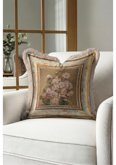 Vintage Çiçek Eskitme Çerçeveli Saçaklı Yastık Kılıfı - Avangart Floral Bej Püsküllü Kırlent Kılıfı Yalın Yörünge Opal Vintage Çiçek Eskitme Çerçeveli Saçaklı Yastık Kılıfı - Avangart Floral Bej Püsküllü Kırlent Kılıfı Yalın Yörünge Opal