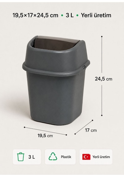 Çöp Yut Tezgah Üstü Çöp Kovası 3 L - Antrasit Mutfak Banyo Sallanır Kapak Mini Çöp Kutusu