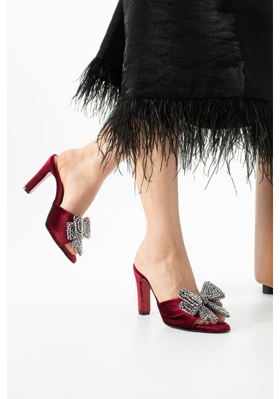 Lebibe Shoes Seravıa Kadın Bordo Kadife Taşlı Fiyonklu 9 Cm Topuklu Abiye Terlik