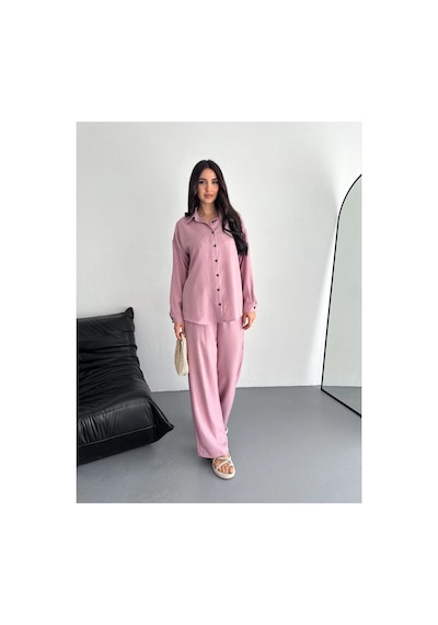Kadın Gömlek Pantolon İkili Alt-üst Takım - Toz Pembe
