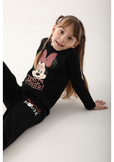 Minnie Mouse Siyah Kız Çocuk Uzun Kol Pijama Takım Siyah