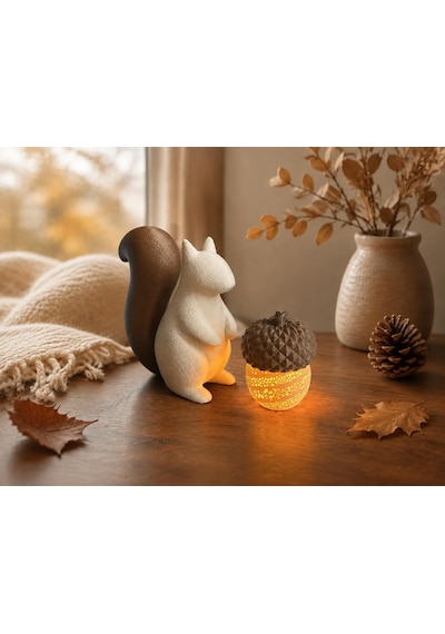 Sincap Ve Meşe Palamudu Biblo / Masaüstü, Raf Dekoru / Mini Sonbahar Kış Temalı Tealight Mumlu Set / 10x7 Cm Mum Dahil. Ten, Kahverengi