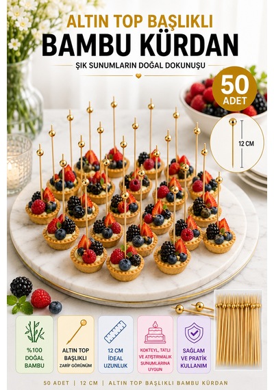 50 Li Altın Top Başlıklı 12 Cm Bambu Kürdan Seti Kokteyl, Tatlı Ve Davet Sunumları İçin Şık Seçim