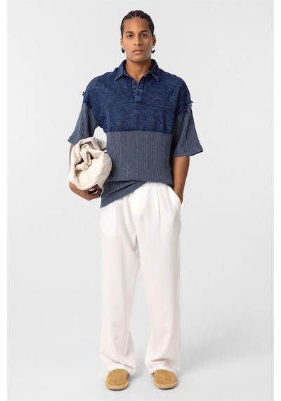Vamos Yıkamalı Triko Oversize Polo Yaka Tişört V70-53 İndigo