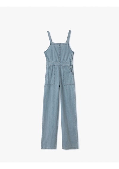 Koton Kare Yaka Cepli Dikiş Detaylı Kolsuz Denim Tulum Açık İndigo 5sal40151md Açık İndigo