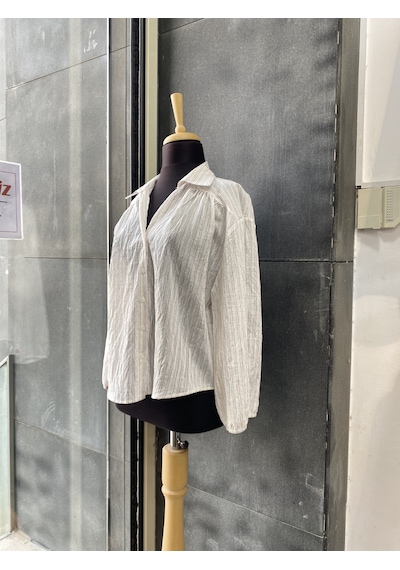 Pera Moda Çizgili Transparan Pileli V Yaka Gömlek Bordo