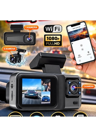 2 İnç Ips Ekranlı 1080p Full Hd 3 Kameralı Araç İçi Kamera Sistemi Ön İç Arka Kamera, 64gb Hafıza