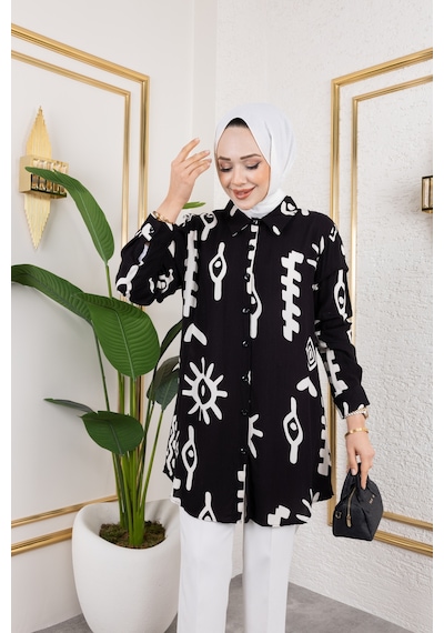 Hira Life Fashion Kadın Tesettür Giyim Ve Spor Giyime Uygun Düğme Detaylı Şık Desenli Dokuma Viskon Gömlek-tunik Siyah Siyah Hira Life Fashion Kadın Tesettür Giyim Ve Spor Giyime Uygun Düğme Detaylı Şık Desenli Dokuma Viskon Gömlek-tunik Siyah Siyah