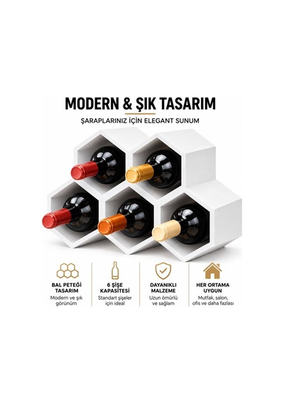 Beyaz Modern Şarap Stand 5 Hazneli Şık Tasarım Şarap Şişe Organizer Stand