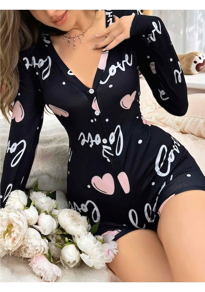 Kadın Siyah Kalp Desenli Love Yazılı Pijama Tulumu 5124