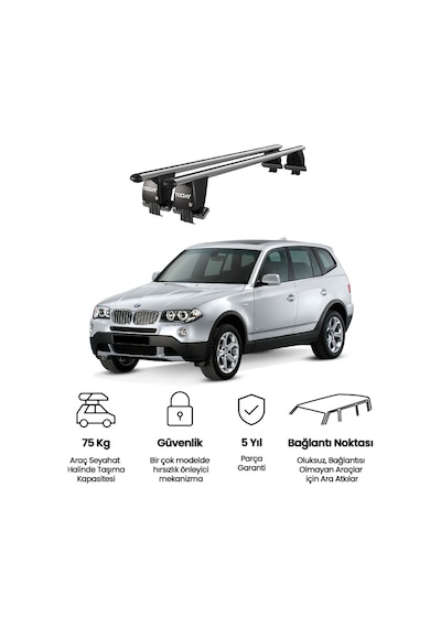 Royal Bmw X3 2004-2010 Uyumlu Gri Kilitli Ara Atkı Port Bagaj Tavan Barı