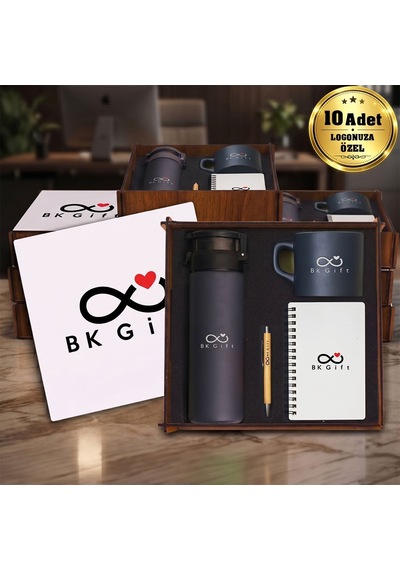 Logonuza Özel 10 Adet Ahşap Kutulu Antrasit Kurumsal Hediye Seti Cam Suluk, Seramik Fincan, Defter Ve Kalemli Promosyon Seti