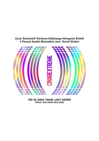 Çınar Extreme Rainbow Gökkuşağı Hologram Efektli 4 Parçalı Kesikli Motosiklet Jant Şeridi Sticker
