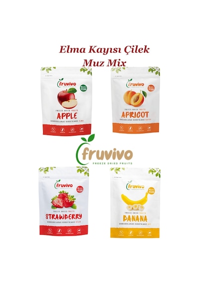 Fruvivo 4'lü Freeze Dry Paket - Elma + Kayısı + Çilek + Muz - Dondurularak Kurutulmuş Meyve Cipsi Şeker İlavesiz %100 Doğal Vegan 95 G