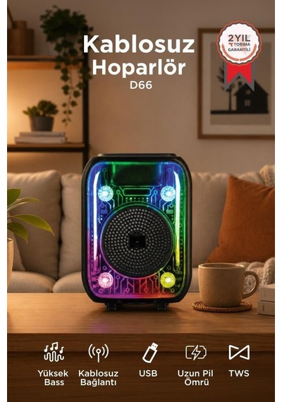 Bluetooth Hoparlör Kablolu Mikrofonlu Rgb Işıklı Speaker D66 Siyah Müzik Eşyası Parti Aleti