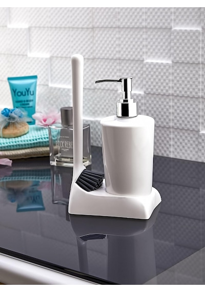 Armona Silikon Fırçalı Mutfak Banyo Sıvı Sabunluk Süngerlik Seti 000 Açık Krem