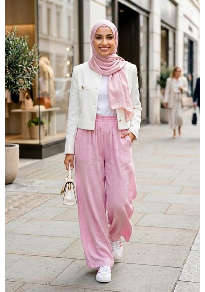 Hb Harma Time Butik Kadın Beli Lastikli Çilek Kumaş Pembe Salaş Pantolon Pembe Pembe