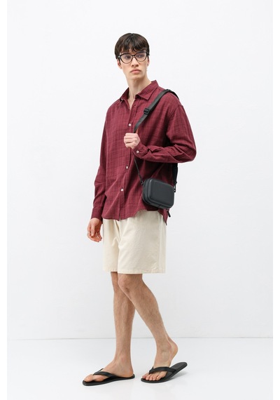 Vamos Dokulu Keten Görünümlü Oversize Gömlek Bordo