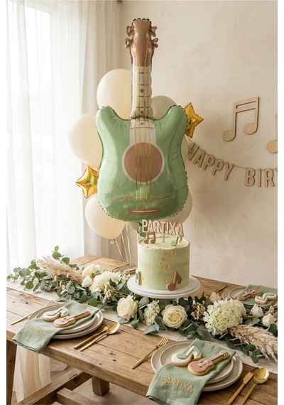 Retro Mat Yeşil Gitar Balon Stand Seti Şeffaf 7 Li Stand + Retro Mat Yeşil Gitar Folyo Balon + 7 Lateks Balon