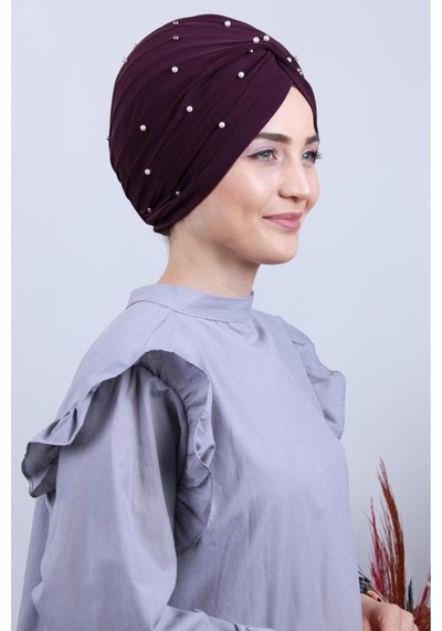 Melodi Scarf Kadın Tesettür İncili Taşlı Vera Dış Bone Mor Mor