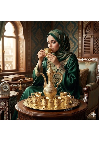 Umre Hatırası Altın Gold Zemzem Suyu Seti 6 Kişilik Varak Görünümlü İbrik Ve Tepsili Lüks Sunum Seti Çok renkli